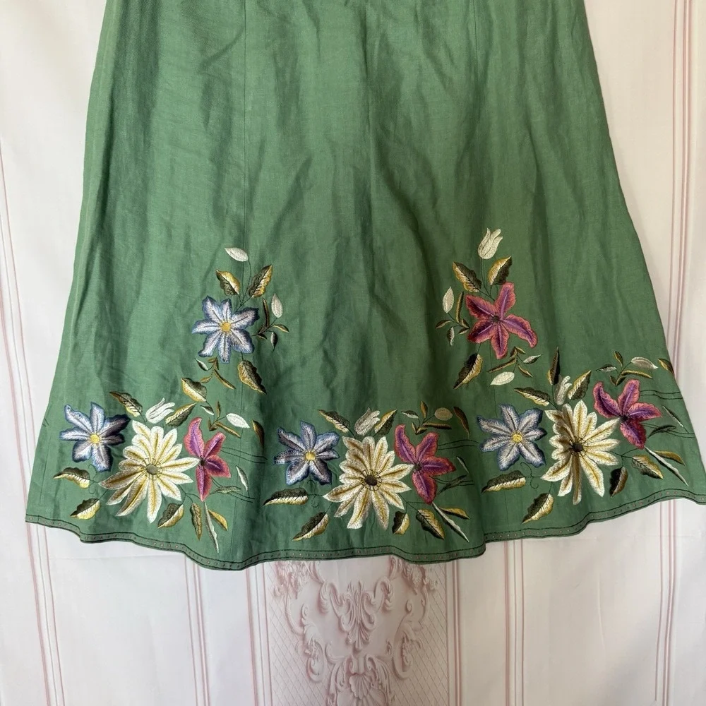 Donna Karen DKNY 100% Linen Embroidered Flowy Green Skirt Women's Size 10 Boho